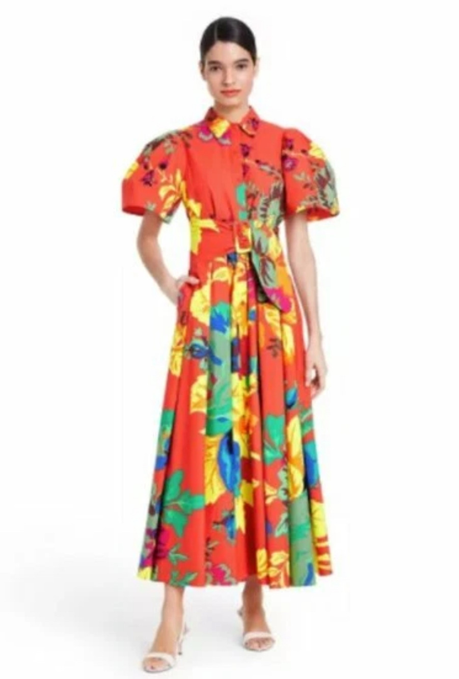Christopher John Rogers Women's Colorful Floral Shirt Dress Puff Sleeve Size 0